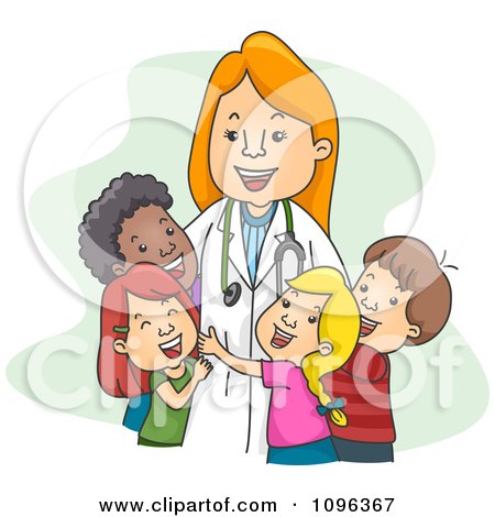 Clipart Female Pediatrician Doctor Hugging Her Child Patients - Royalty Free Vector Illustration by BNP Design Studio