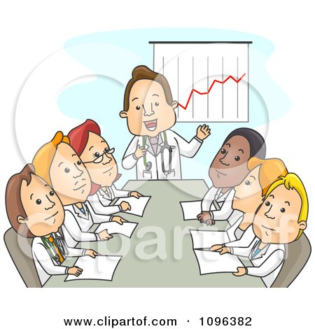Clipart Male And Female Doctors Discussing Finances In A Meeting - Royalty Free Vector Illustration by BNP Design Studio