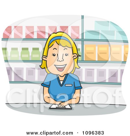 Clipart Happy Female Pharmacist Smiling And Standing At A Counter - Royalty Free Vector Illustration by BNP Design Studio