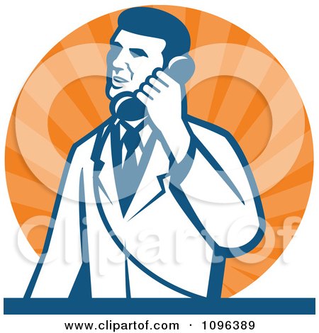 Clipart Retro Male Scientist Talking On A Telephone Over Orange Rays - Royalty Free Vector Illustration by patrimonio