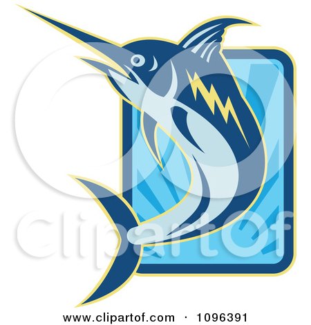 Clipart Retro Blue Marlin Leaping Over A Rectangle Of Blue Rays - Royalty Free Vector Illustration by patrimonio