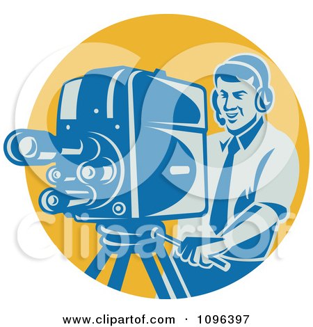 Clipart Happy Retro Film Crew Cameraman Adjusting His Equipment Over A Yellow Circle - Royalty Free Vector Illustration by patrimonio