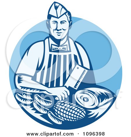 Clipart Retro Woodcut Blue Butcher Holding A Cleaver Knife Over Meats - Royalty Free Vector Illustration by patrimonio