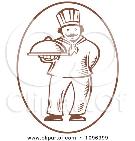 Clipart Retro Woodcut Male Chef Holding Out A Platter - Royalty Free Vector Illustration by patrimonio