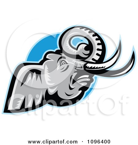 Clipart Retro Angry African Elephant With Tusks Over A Blue Circle - Royalty Free Vector Illustration by patrimonio