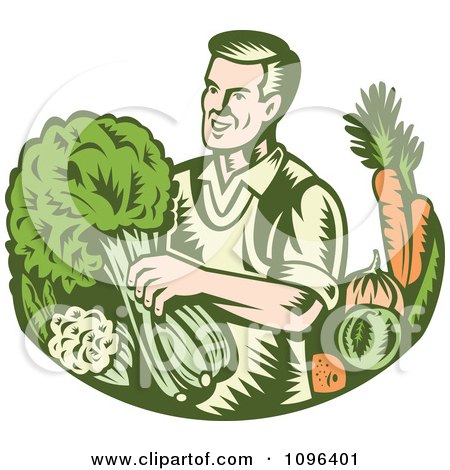 Retro Woodcut Organic Farmer With With Leafy Green And Root Vegetables Posters, Art Prints