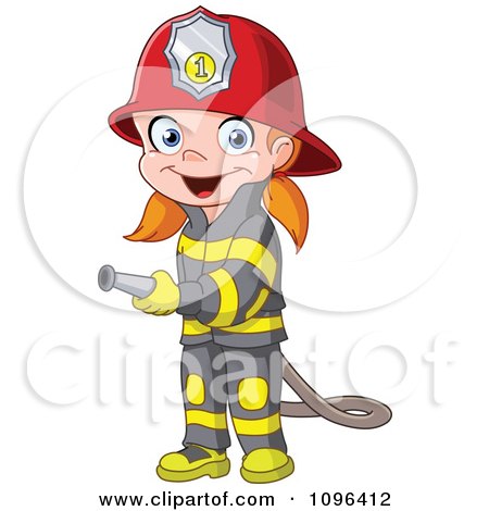 Clipart Happy Girl Fire Fighter Using A Hose - Royalty Free Vector Illustration by yayayoyo