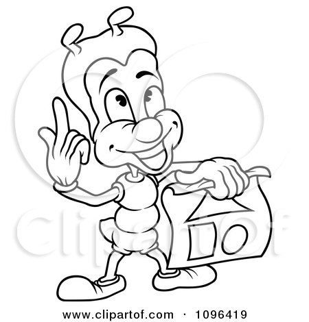 Clipart Outlined Ant Holding Up Sketches Of Shapes - Royalty Free Vector Illustration by dero
