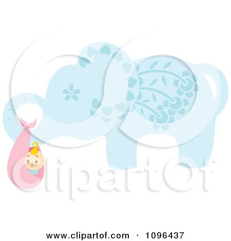 Clipart Blue Floral Elephant Carrying A Baby In A Bundle - Royalty Free Vector Illustration by Cherie Reve