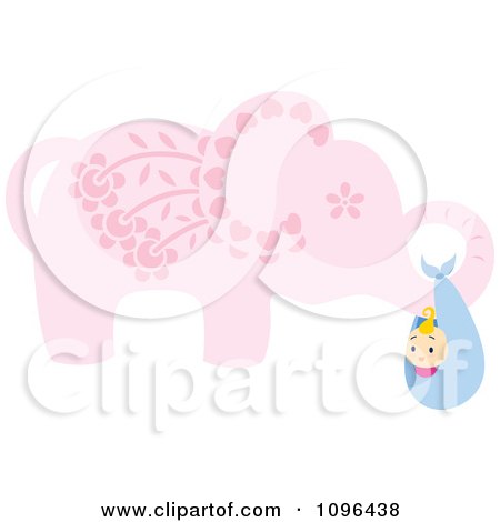 Clipart Pink Floral Elephant Carrying A Baby In A Bundle - Royalty Free Vector Illustration by Cherie Reve