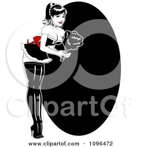 Clipart Sexy French Maid Pinup Woman Bending Over And Holding A Feather Duster, Over A Black Oval - Royalty Free Vector Illustration by r formidable