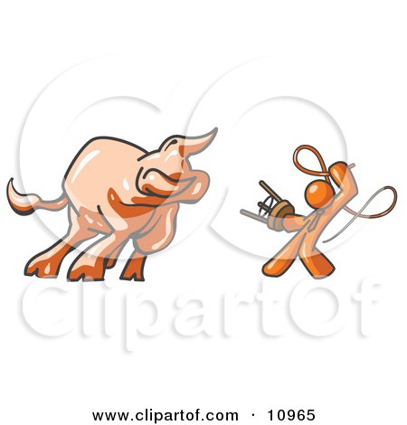 Orange Man Holding a Stool and Whip While Taming a Bull, Bull Market Clipart Illustration by Leo Blanchette