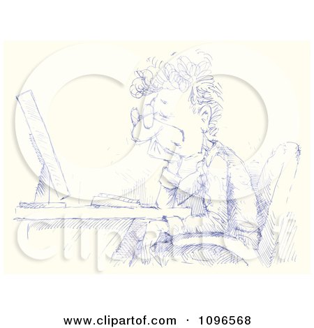 Clipart Blue Sketched Businessman Sitting At A Desktop Computer - Royalty Free Illustration by Alex Bannykh