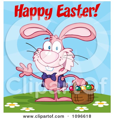 Clipart Pink Happy Easter Bunny Carrying A Basket Of Eggs - Royalty Free Vector Illustration by Hit Toon