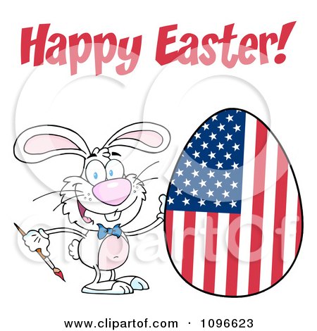 Clipart White Happy Easter Bunny Painting An American Egg - Royalty Free Vector Illustration by Hit Toon