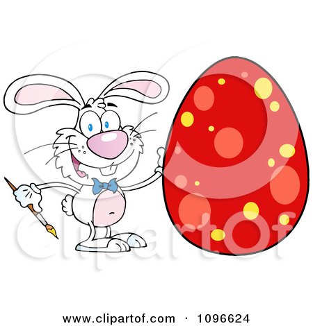 Clipart White Easter Bunny Painting A Red Dotted Egg - Royalty Free Vector Illustration by Hit Toon