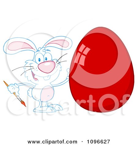 Clipart White Easter Bunny Painting A Shiny Red Egg - Royalty Free Vector Illustration by Hit Toon