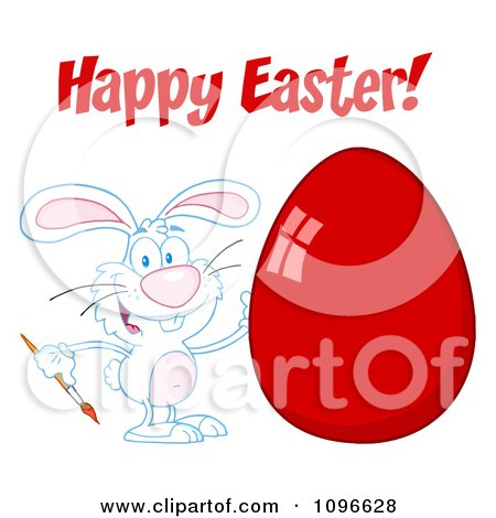 Clipart White Happy Easter Bunny Painting A Red Egg - Royalty Free Vector Illustration by Hit Toon