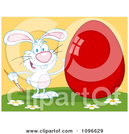 Clipart White Easter Bunny Painting A Shiny Red Egg On A Hill - Royalty Free Vector Illustration by Hit Toon