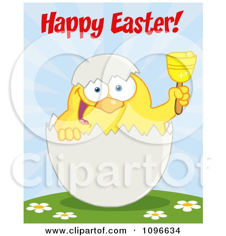 Clipart Happy Easter Chick In A Shell Ringing A Bell On A Hill - Royalty Free Vector Illustration by Hit Toon