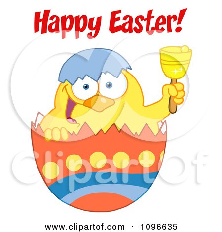 Clipart Happy Easter Chick In An Orange Shell Ringing A Bell - Royalty Free Vector Illustration by Hit Toon