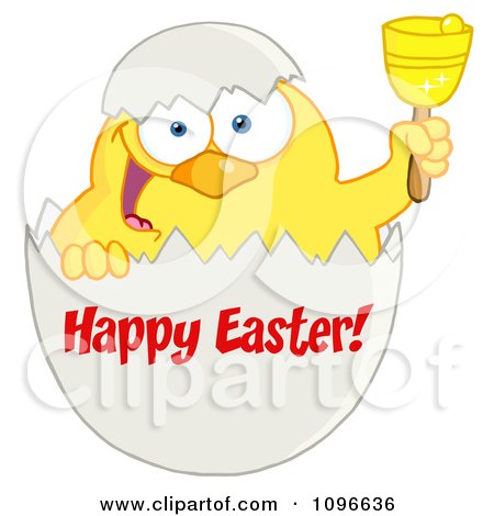 Clipart Happy Yellow Easter Chick In A Shell Ringing A Bell - Royalty Free Vector Illustration by Hit Toon