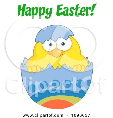 Clipart Happy Easter Chick In A Blue Shell - Royalty Free Vector Illustration by Hit Toon