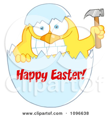 Clipart Happy Easter Chick Holding A Hammer In A Shell - Royalty Free Vector Illustration by Hit Toon