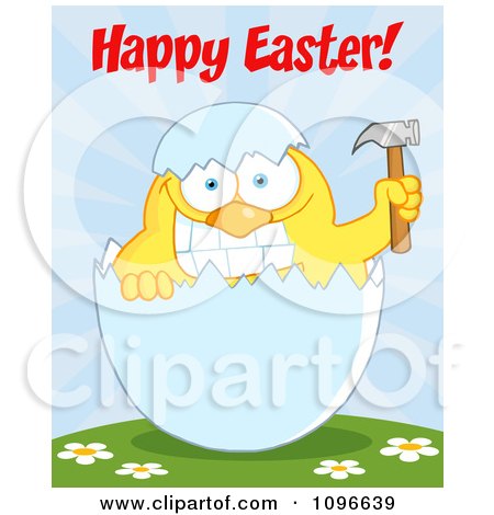Clipart Happy Easter Chick Holding A Hammer In A Shell On A Hill - Royalty Free Vector Illustration by Hit Toon