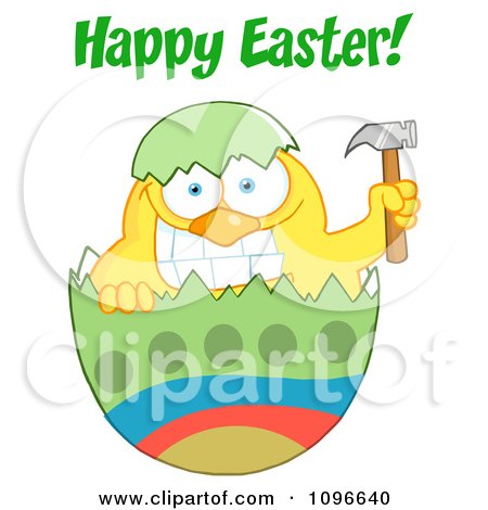 Clipart Happy Easter Chick Holding A Hammer In A Green Shell - Royalty Free Vector Illustration by Hit Toon
