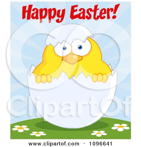 Clipart Happy Easter Chick In A Shell On A Hill - Royalty Free Vector Illustration by Hit Toon