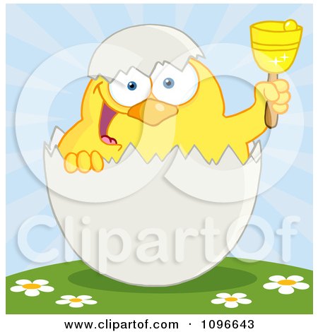 Clipart Happy Yellow Easter Chick In A Shell Ringing A Bell On A Hill - Royalty Free Vector Illustration by Hit Toon