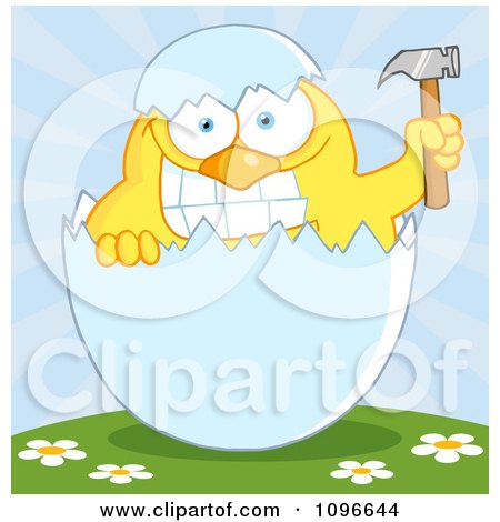 Clipart Yellow Easter Chick Holding A Hammer In A Shell On A Hill - Royalty Free Vector Illustration by Hit Toon