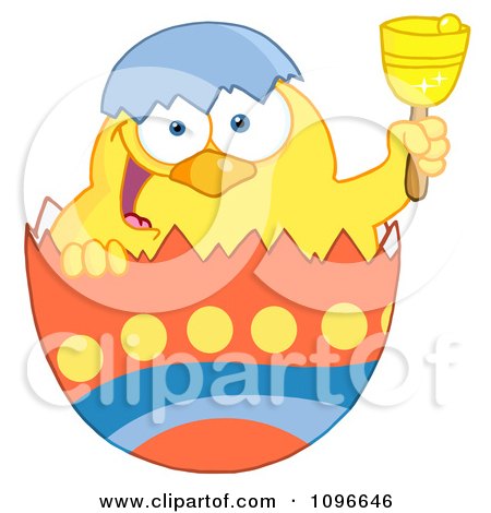 Clipart Happy Yellow Easter Chick In An Orange Shell Ringing A Bell - Royalty Free Vector Illustration by Hit Toon