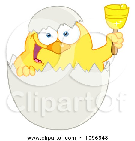 Clipart Yellow Easter Chick In A Shell Ringing A Bell - Royalty Free Vector Illustration by Hit Toon