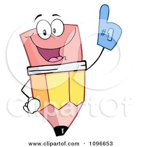 Clipart Happy School Pencil Wearing A Number One Foam Glove - Royalty Free Vector Illustration by Hit Toon