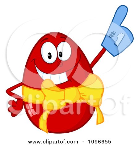 Clipart Happy Red Easter Egg Wearing A Number One Glove - Royalty Free Vector Illustration by Hit Toon