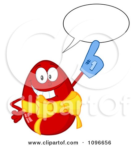 Clipart Happy Talking Red Easter Egg Wearing A Number One Glove - Royalty Free Vector Illustration by Hit Toon