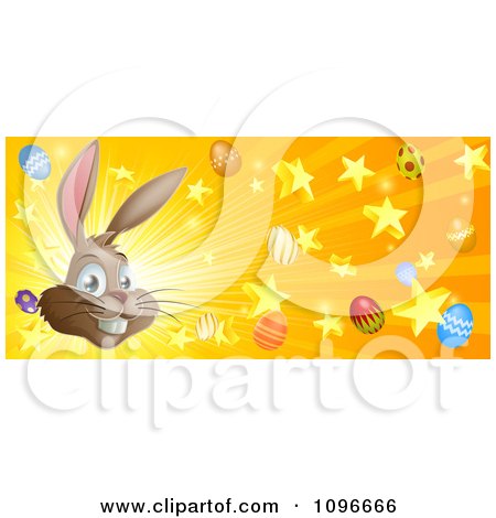 Clipart Brown Easter Bunny With Stars Eggs And Rays - Royalty Free Vector Illustration by AtStockIllustration