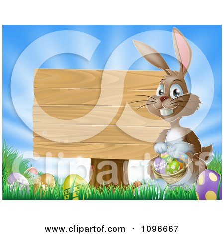 Clipart Brown Easter Bunny With Eggs And A Wooden Sign - Royalty Free Vector Illustration by AtStockIllustration