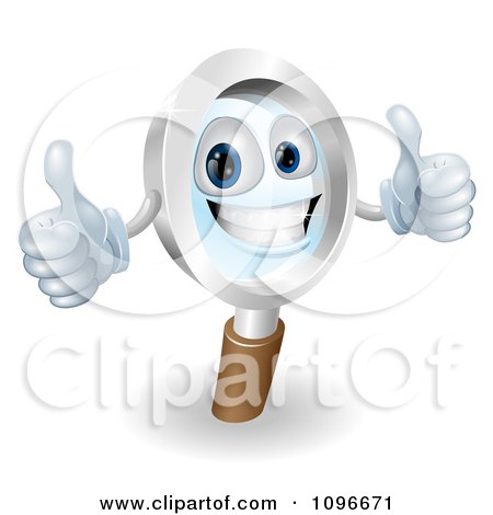 Clipart 3d Friendly Magnifying Glass Mascot Holding Two Thumbs Up - Royalty Free Vector Illustration by AtStockIllustration