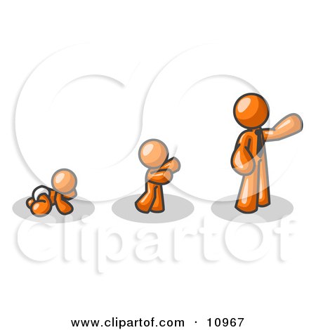 an Orange Person in His Growth Stages of Life, as a Baby, Child and Adult Clipart Illustration by Leo Blanchette