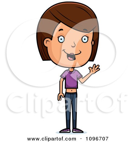 Clipart Friendly Brunette Adolescent Teenage Girl Waving - Royalty Free Vector Illustration by Cory Thoman