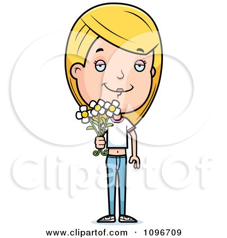 Clipart Blond Adolescent Teenage Girl Holding Out Flowers - Royalty Free Vector Illustration by Cory Thoman