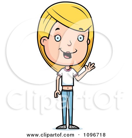 Clipart Friendly Blond Adolescent Teenage Girl Waving - Royalty Free Vector Illustration by Cory Thoman