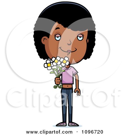 Clipart Black Adolescent Teenage Girl Holding Out Flowers- Royalty Free Vector Illustration by Cory Thoman