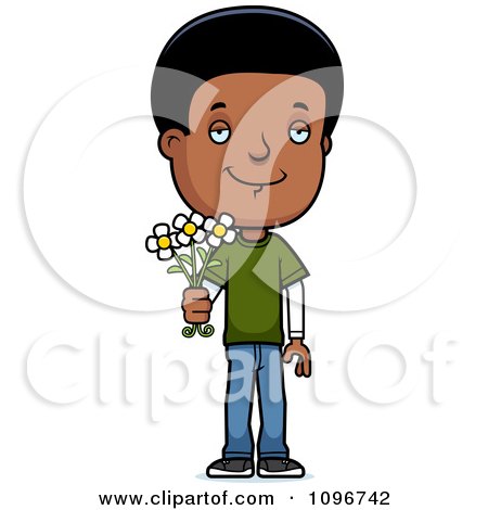 Clipart Black Adolescent Teenage Boy Holding Out Flowers - Royalty Free Vector Illustration by Cory Thoman