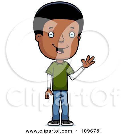 Clipart Friendly Black Adolescent Teenage Boy Waving - Royalty Free Vector Illustration by Cory Thoman