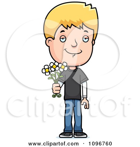 Clipart Blond Adolescent Teenage Boy Holding Out Flowers - Royalty Free Vector Illustration by Cory Thoman