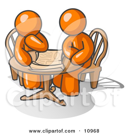 Two Businessmen Sitting at a Table, Discussing Papers Clipart Illustration by Leo Blanchette